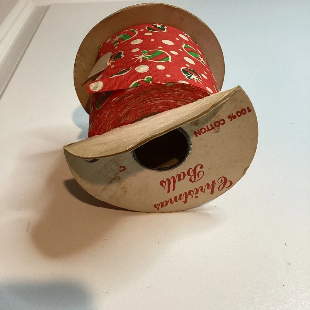 Vintage Christmas Balls Fabric Ribbon 2.5 Inch Spool Holiday Decor 22 yard Red